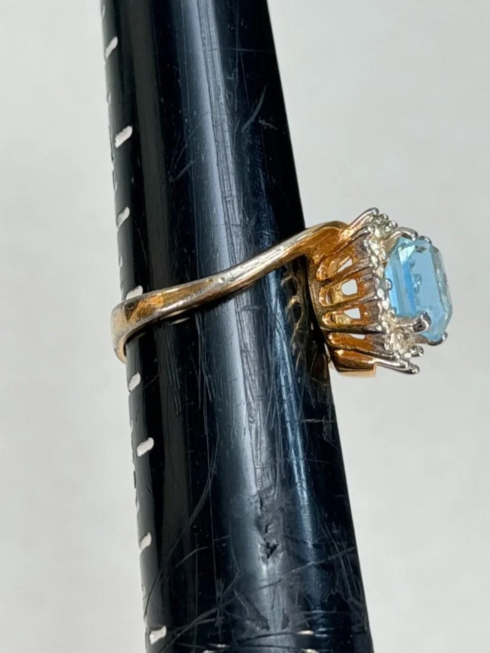 Vintage Stunning Blue Emerald Cut Halo Cocktail Ring Gold Tone Statement